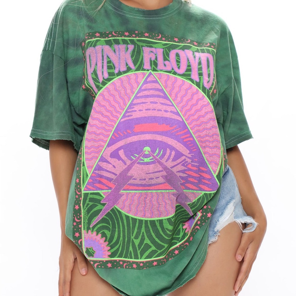 Pink Floyd Oversized Tie Dye Green Tee with Pink & Purple Prism Graphic